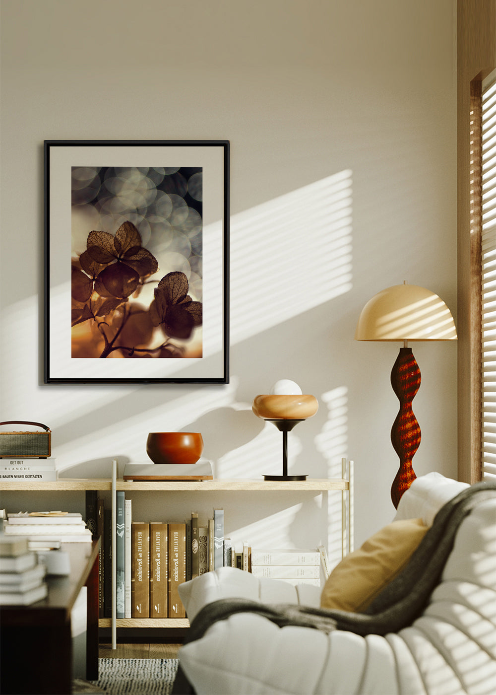 Plakat botaniczny: suche kwiaty w delikatnym bokeh