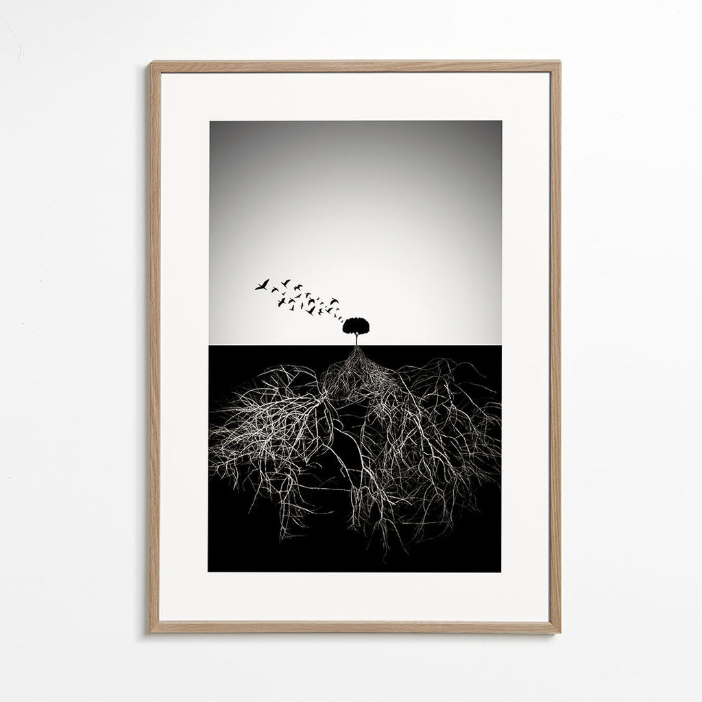 Plakat botaniczny z drzewem i graficznymi korzeniami