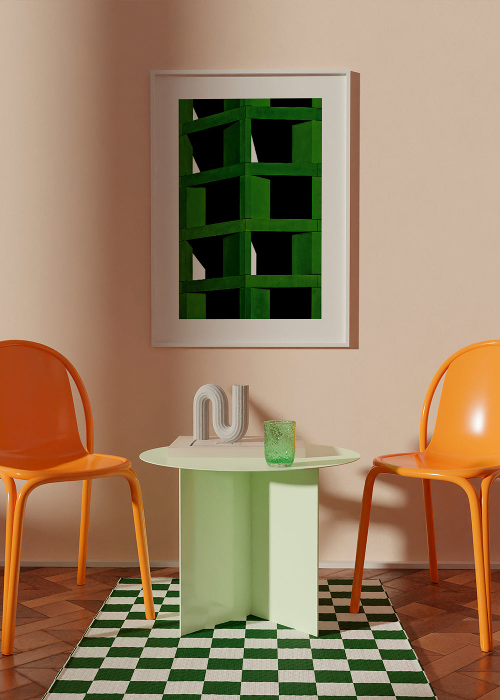Plakat geometryczny z zieloną strukturą modułową
