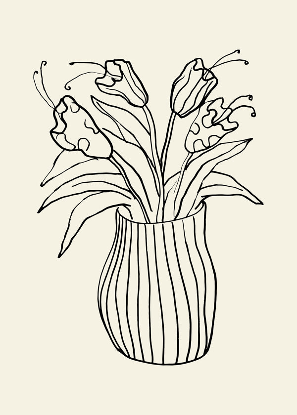 Plakat botaniczny: wazon z tulipanami rysunek liniowy
