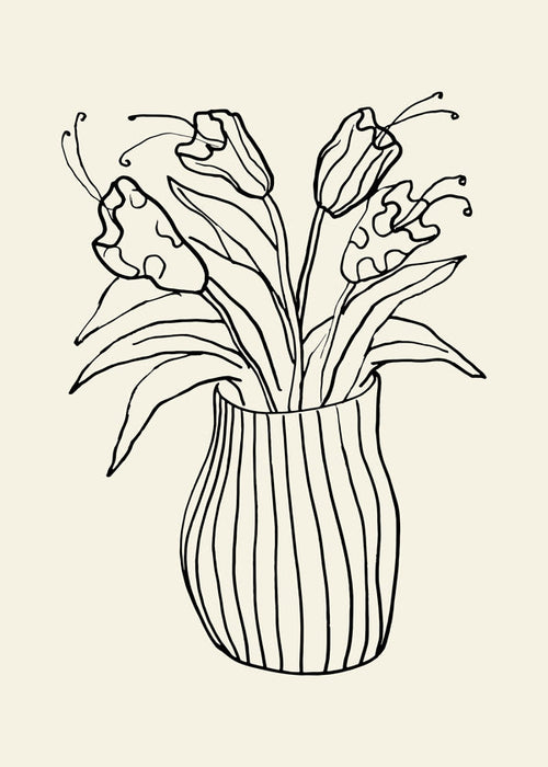 Plakat botaniczny: wazon z tulipanami rysunek liniowy