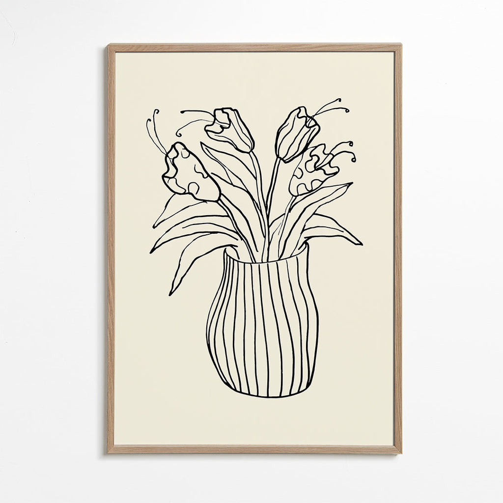 Plakat botaniczny: wazon z tulipanami rysunek liniowy