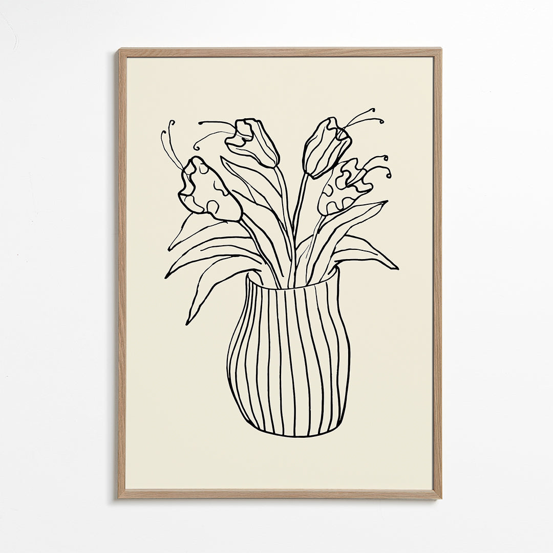 Plakat botaniczny: wazon z tulipanami rysunek liniowy