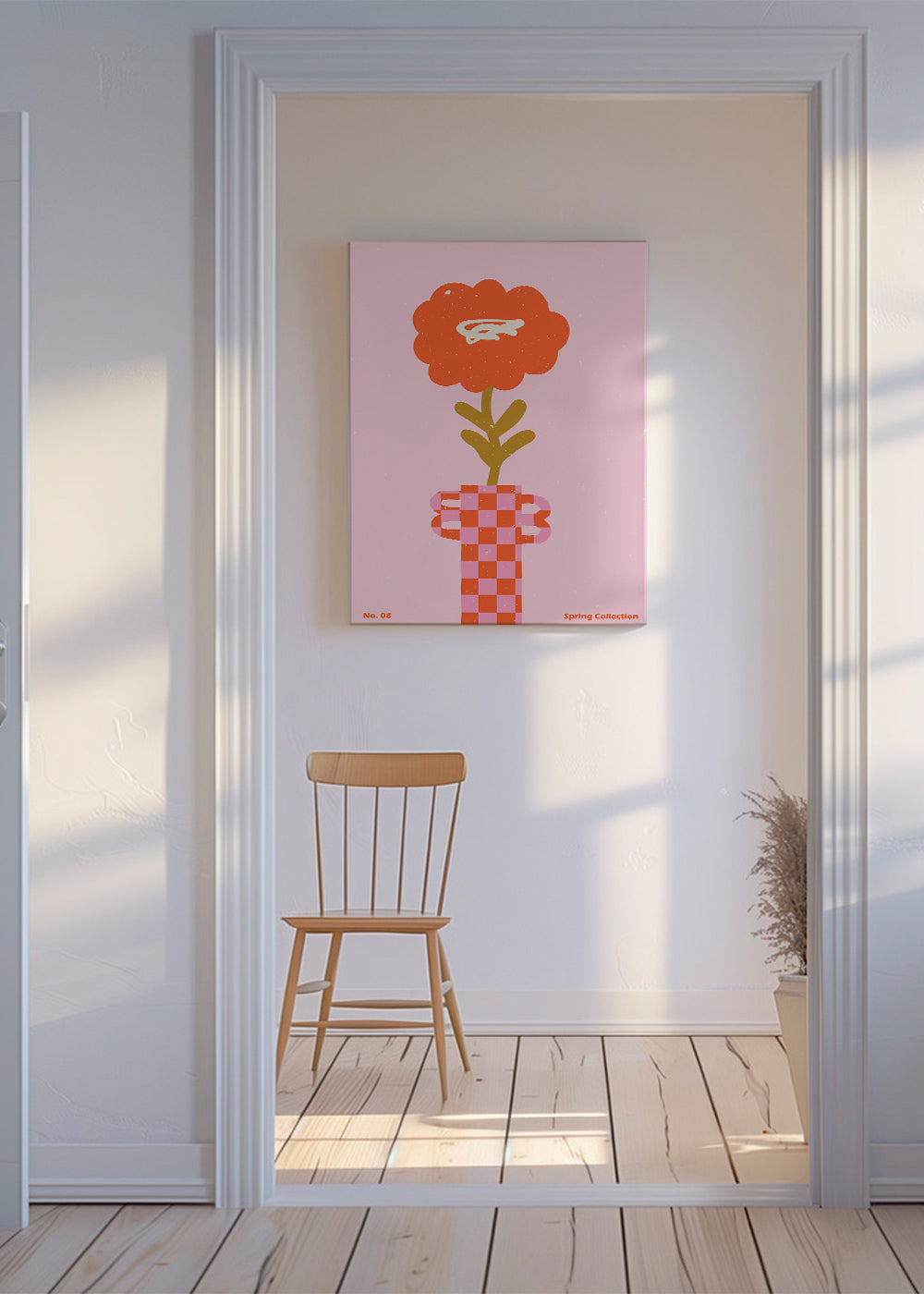 Plakat botaniczny: pomarańczowy kwiat na różowym tle