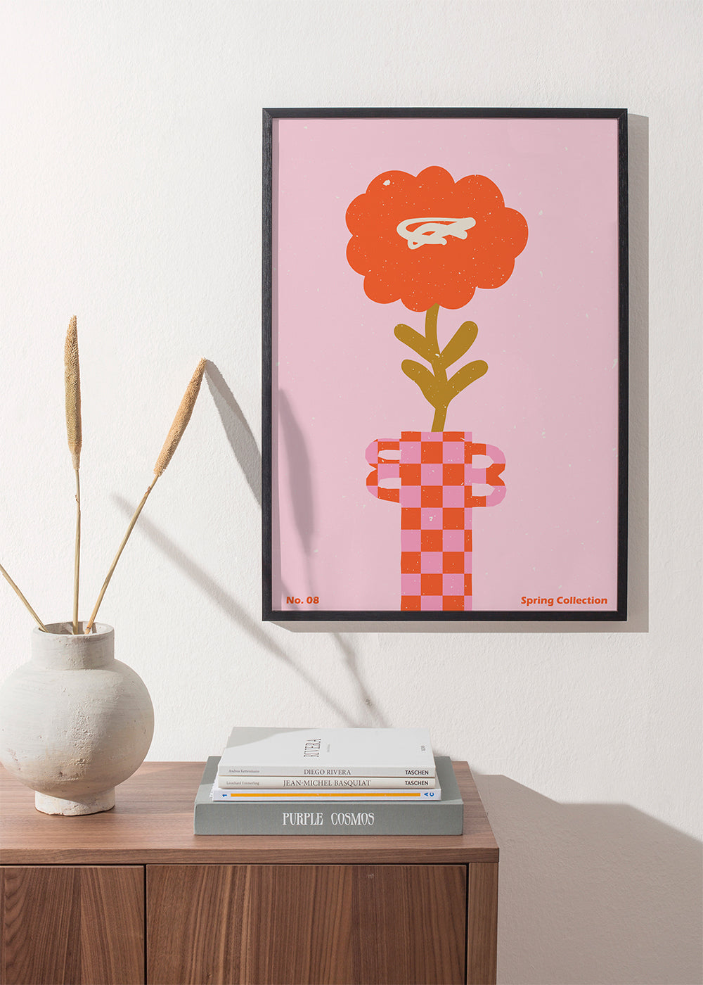 Plakat botaniczny: pomarańczowy kwiat na różowym tle