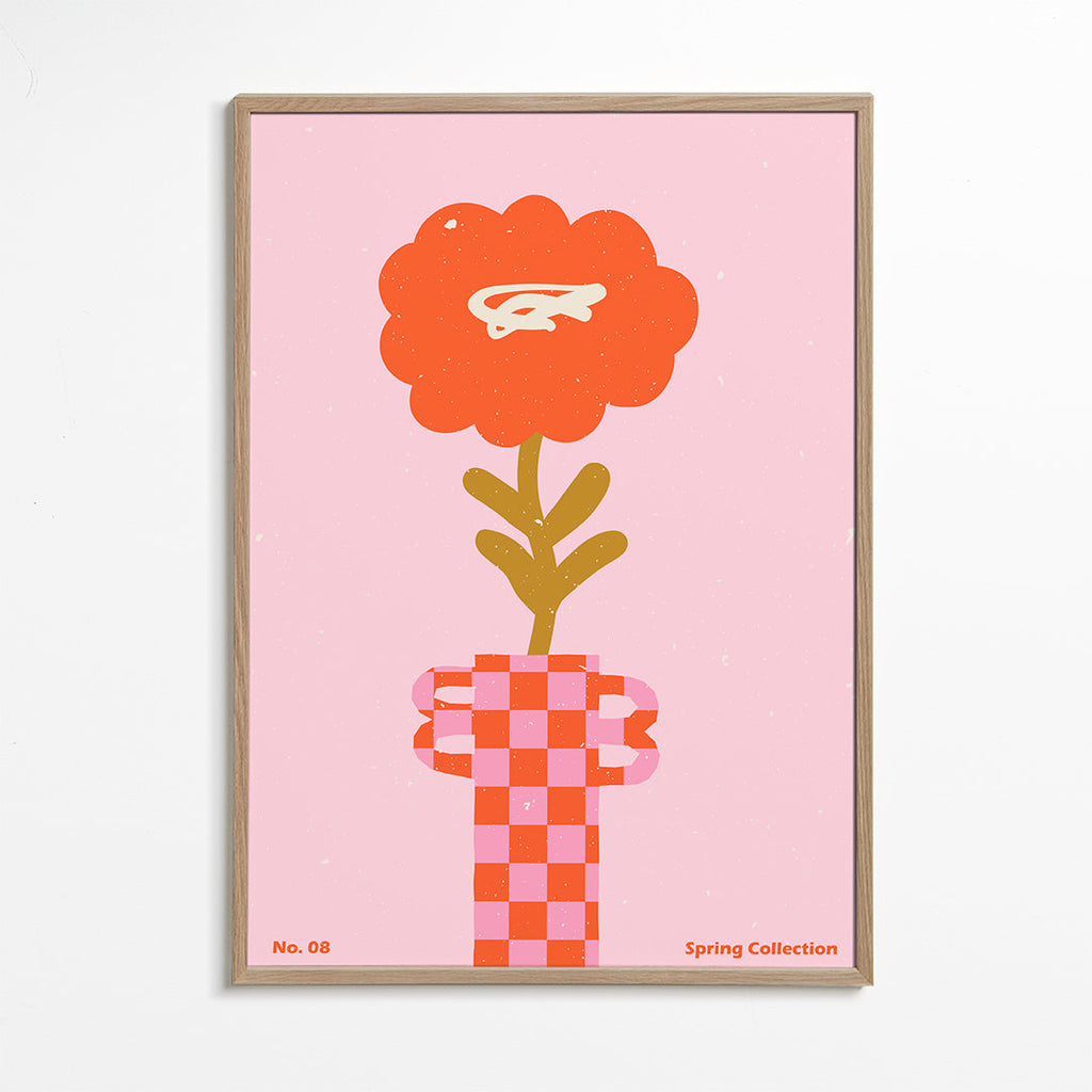 Plakat botaniczny: pomarańczowy kwiat na różowym tle