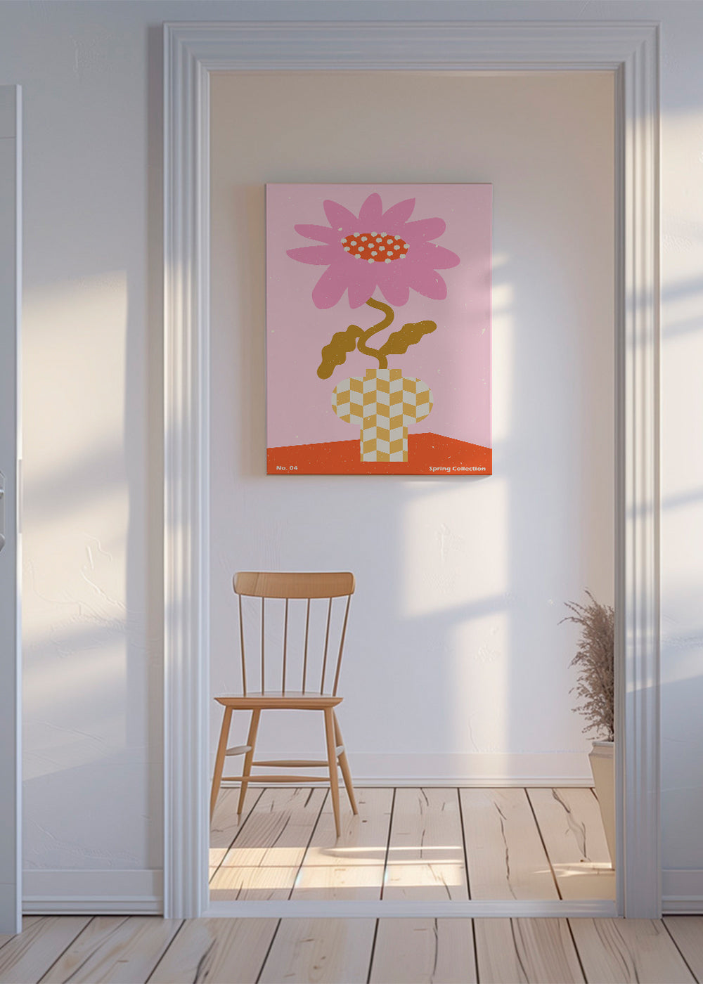 Plakat botaniczny różowy z kwiatem graficznym