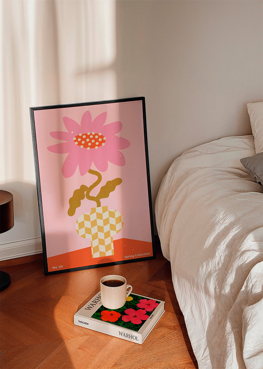 Plakat botaniczny różowy z kwiatem graficznym
