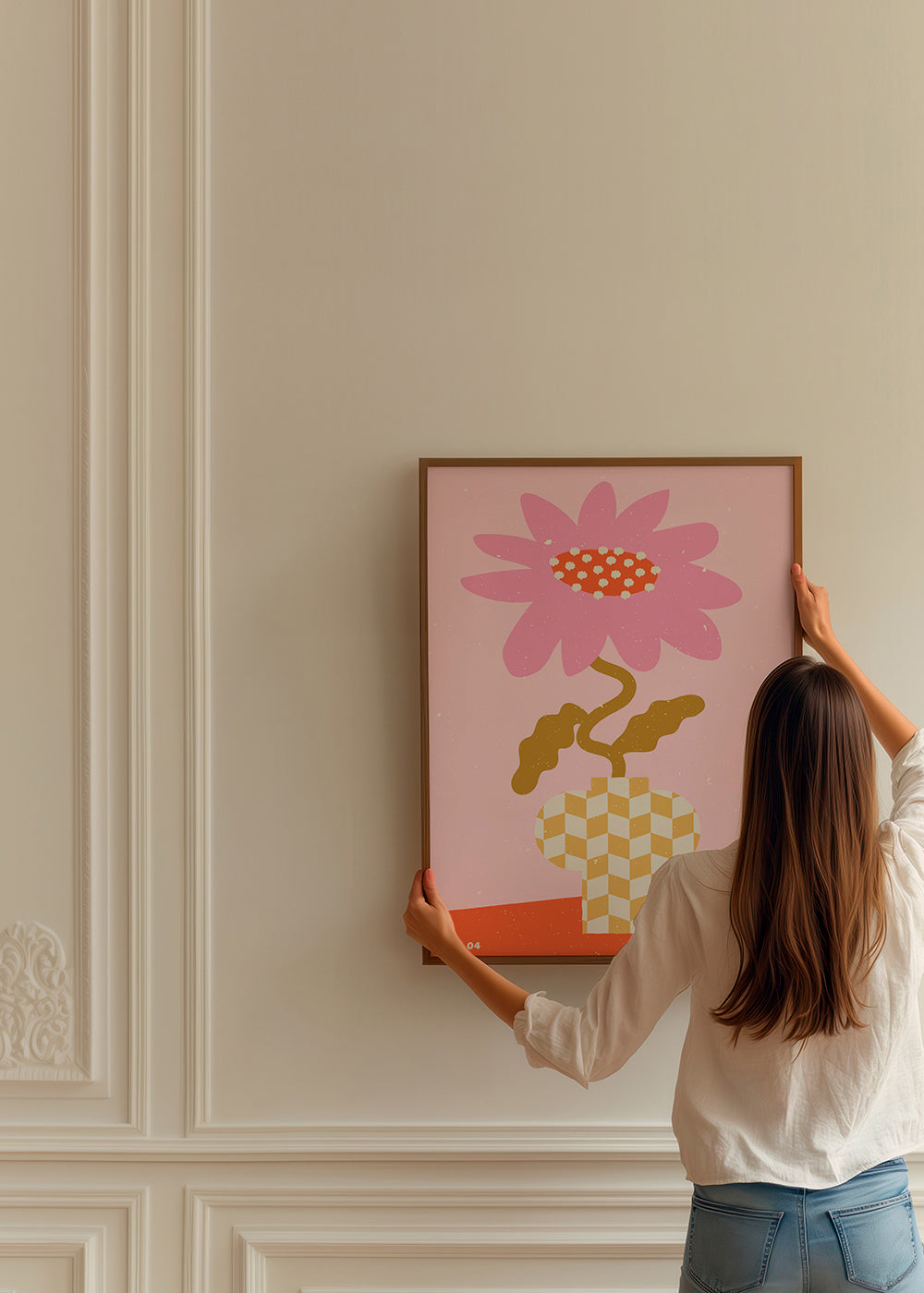 Plakat botaniczny różowy z kwiatem graficznym