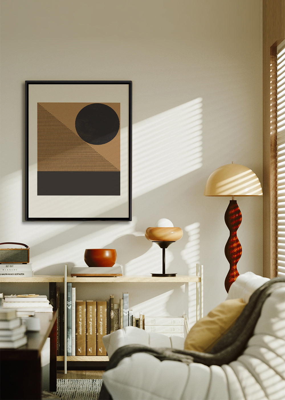 Plakat geometryczny z kołem i ukośnymi liniami