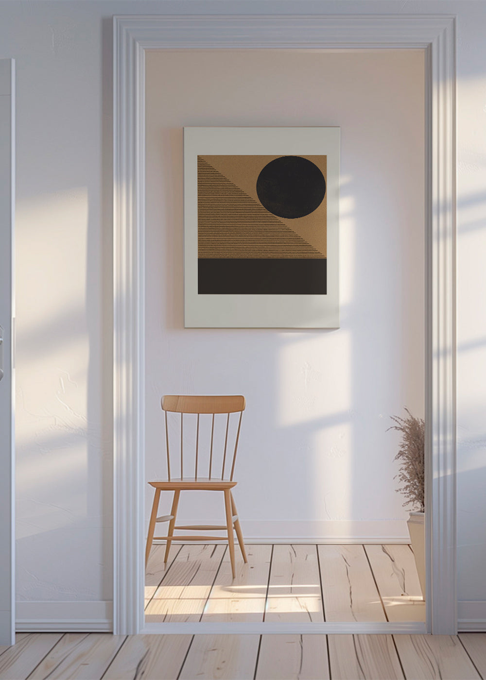 Plakat geometryczny z kołem i ukośnymi liniami