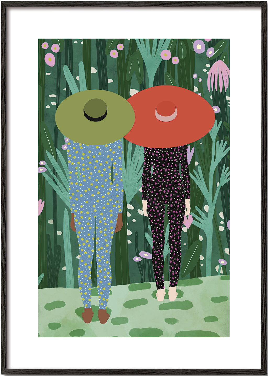 Plakat botaniczny z dwiema postaciami w kapeluszach