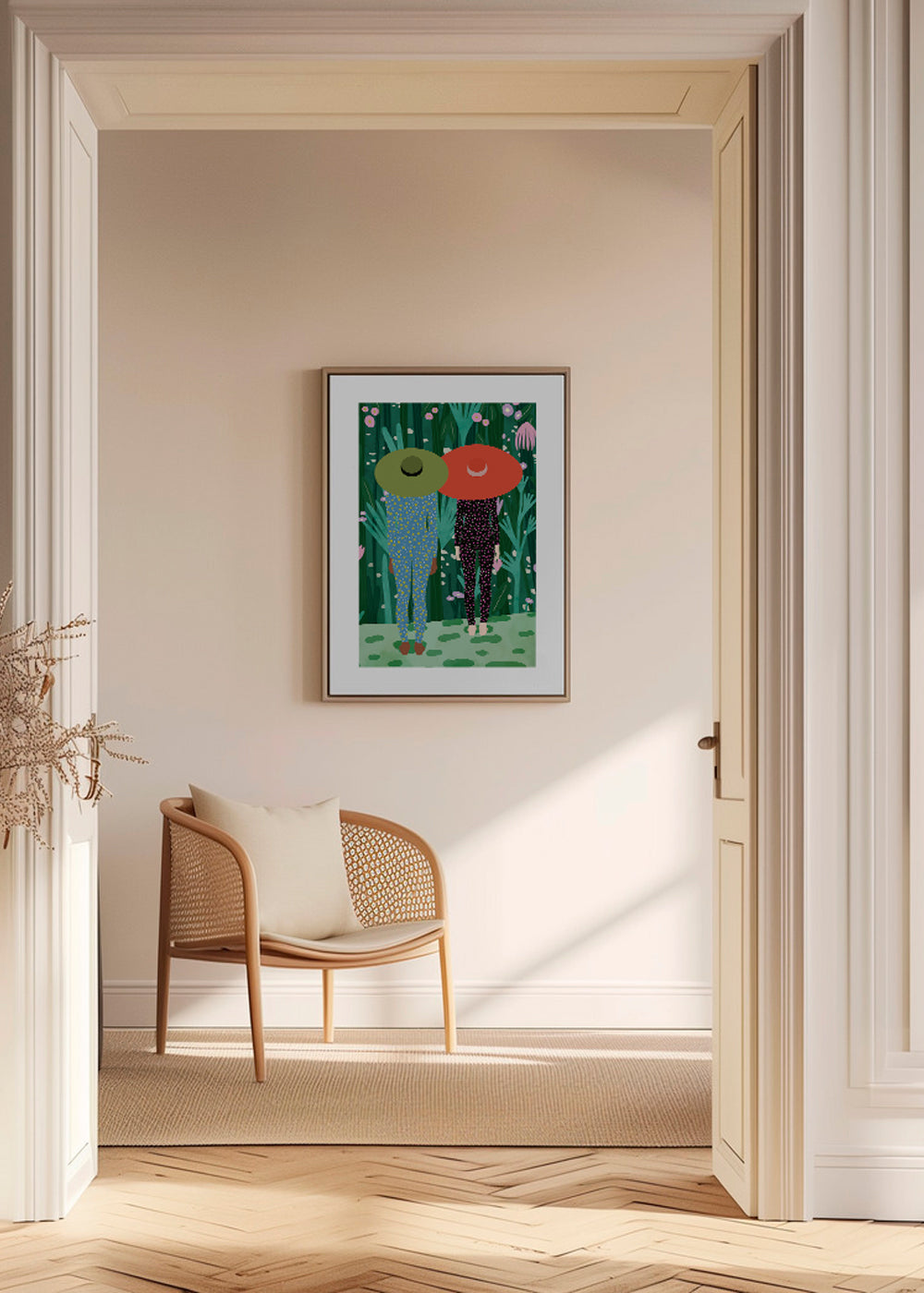 Plakat botaniczny z dwiema postaciami w kapeluszach