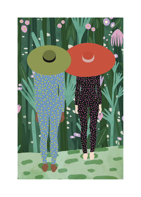 Plakat botaniczny z dwiema postaciami w kapeluszach