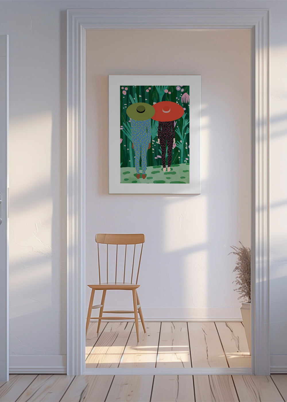 Plakat botaniczny z dwiema postaciami w kapeluszach