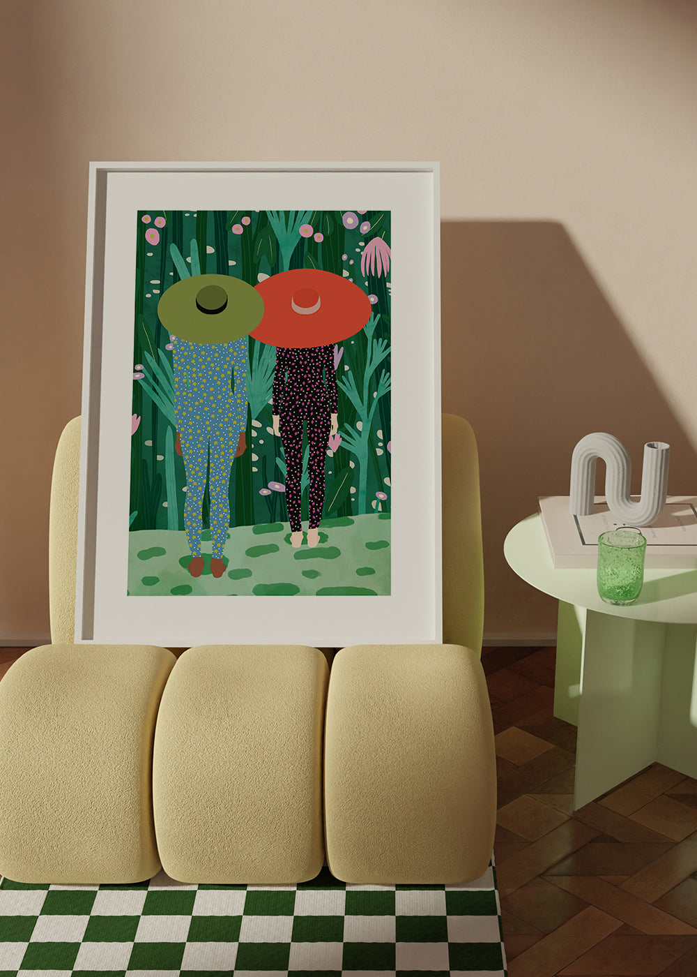 Plakat botaniczny z dwiema postaciami w kapeluszach