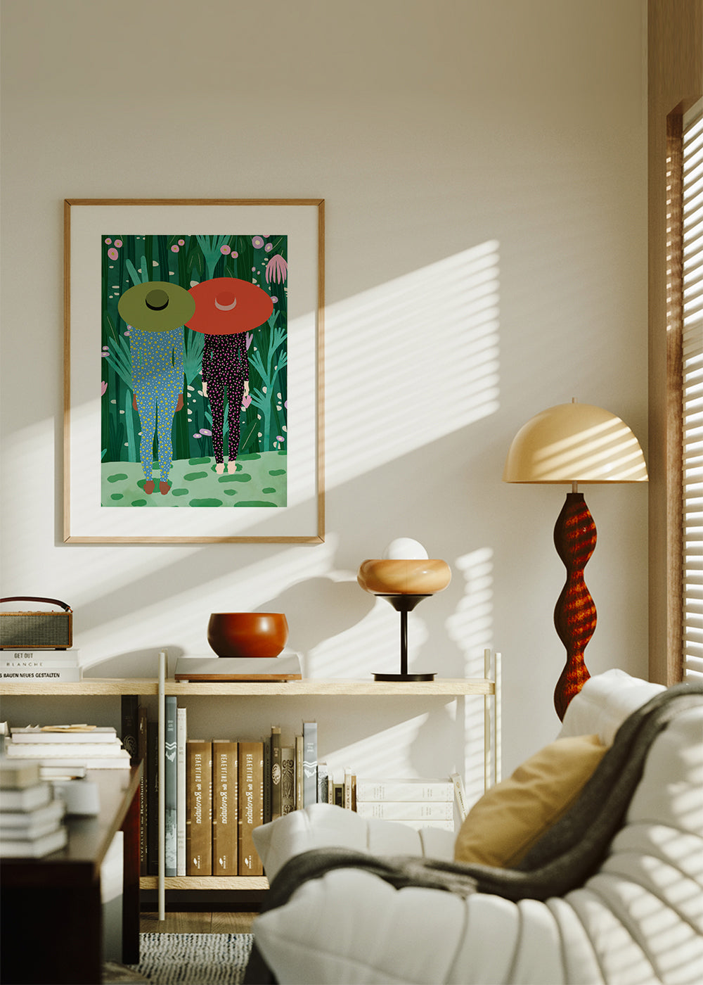 Plakat botaniczny z dwiema postaciami w kapeluszach