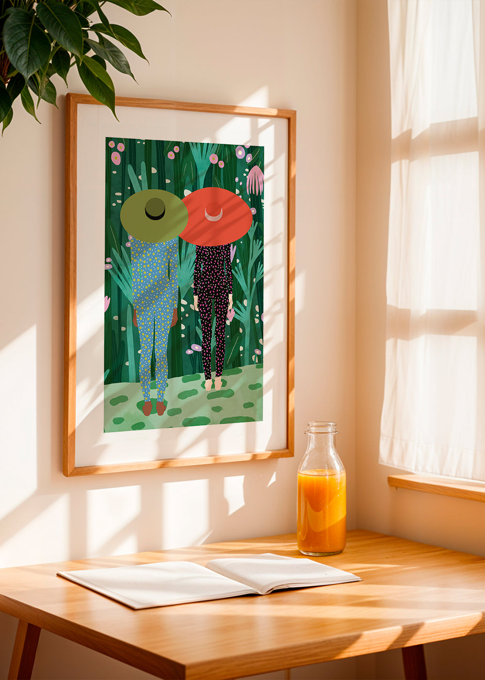 Plakat botaniczny z dwiema postaciami w kapeluszach