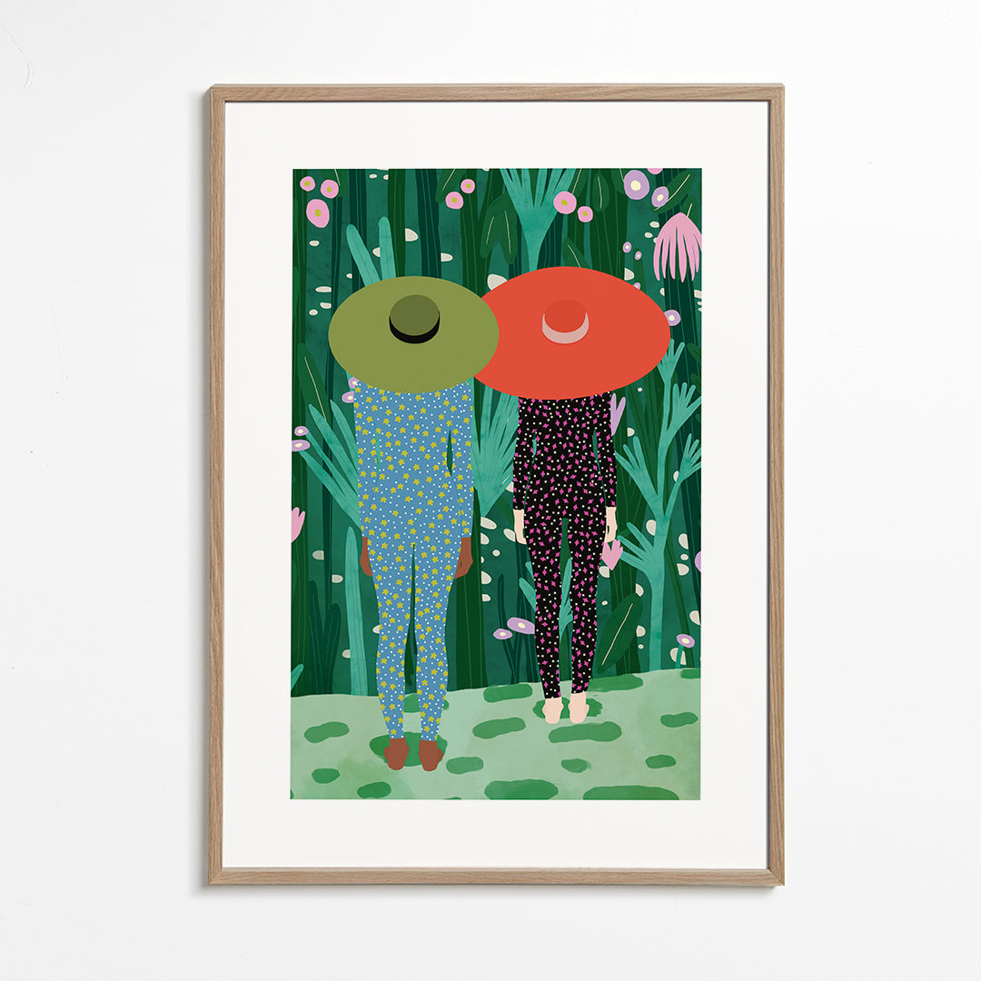 Plakat botaniczny z dwiema postaciami w kapeluszach