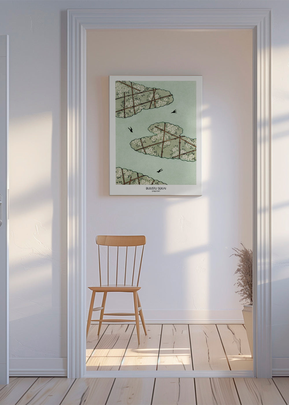 Plakat botaniczny liście w kratkę i jaskółki