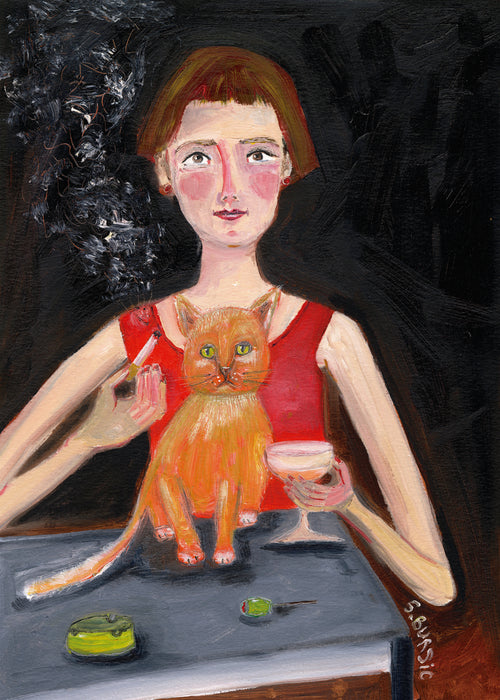 Vintage woman with cocktail and cat - Unframed art print
