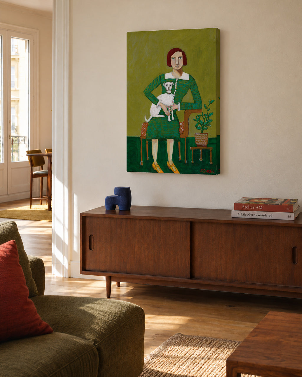 Vintage Lady with her white dog - Unframed canvas in an interior