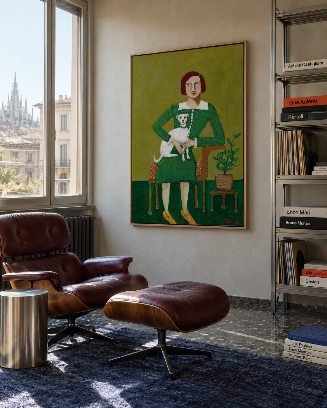 Vintage Lady with her white dog - Framed canvas in an interior