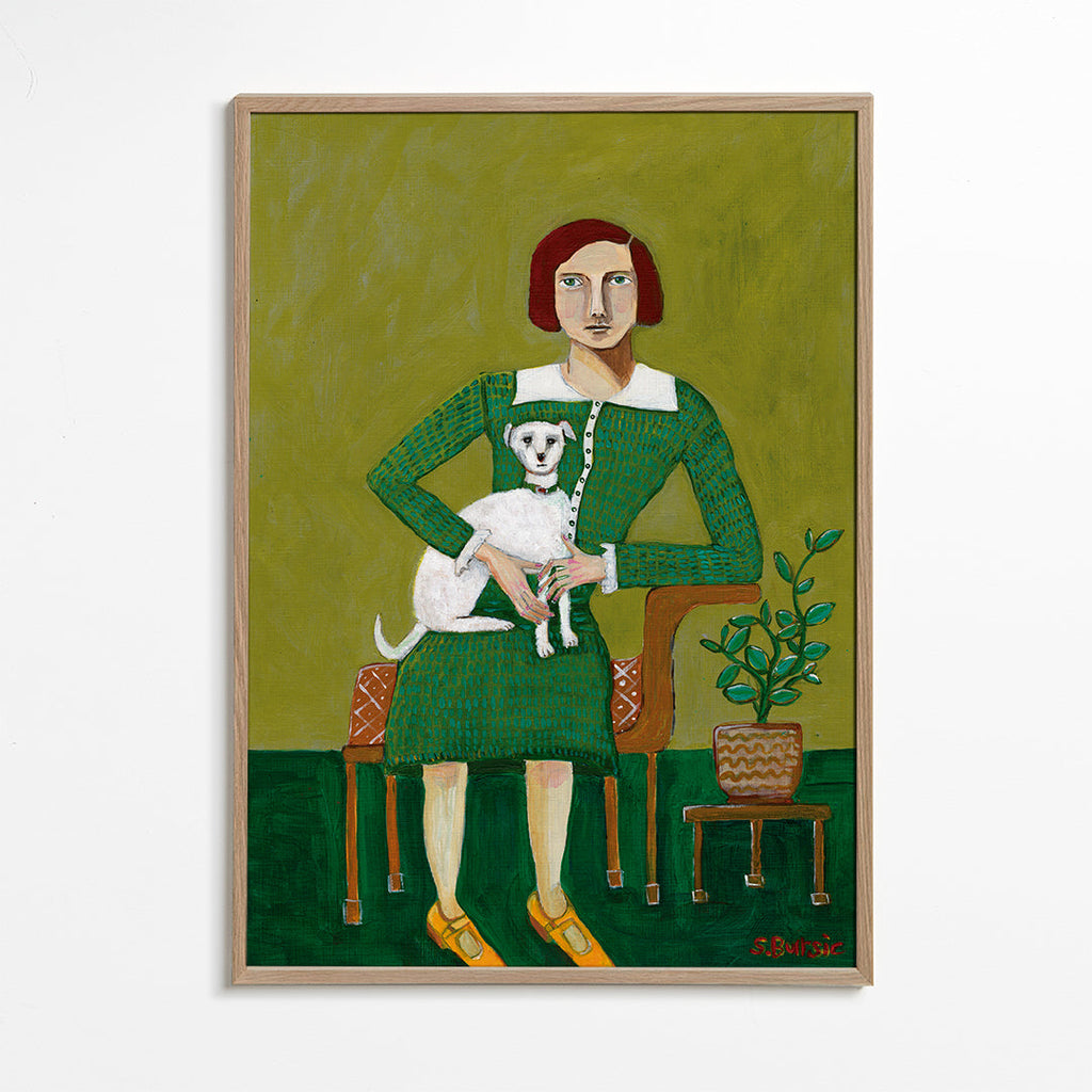Retro portret kobiety z białym psem