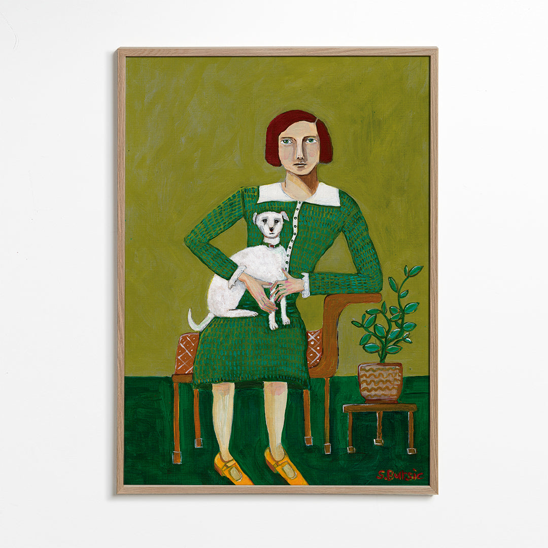 Retro portret kobiety z białym psem