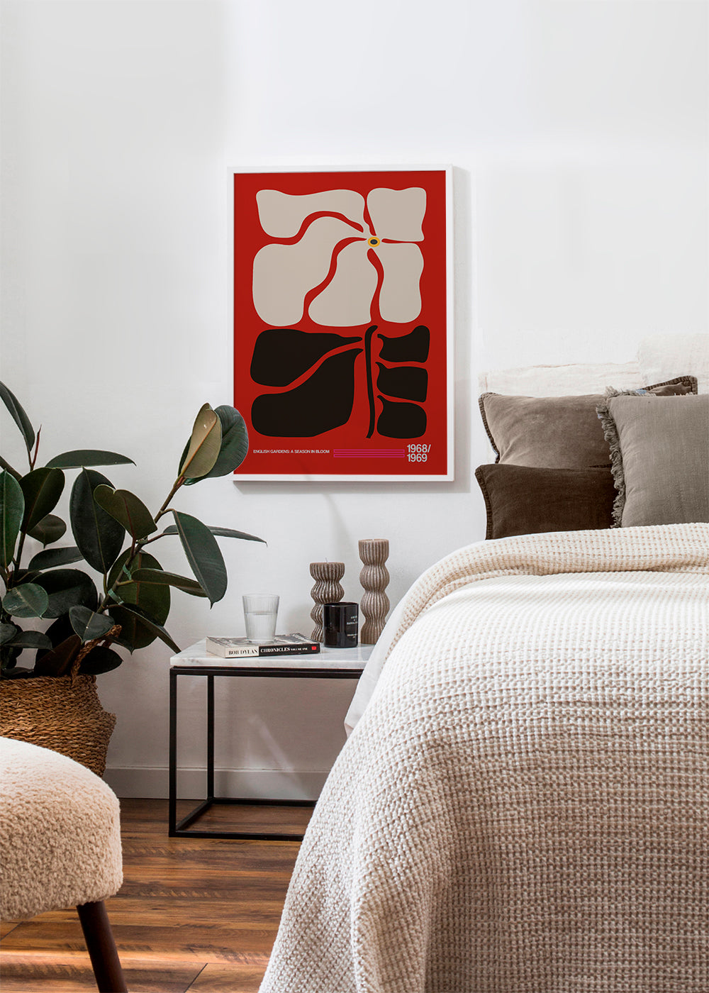 Plakat botaniczny z stylizowanym czerwonym kwiatem