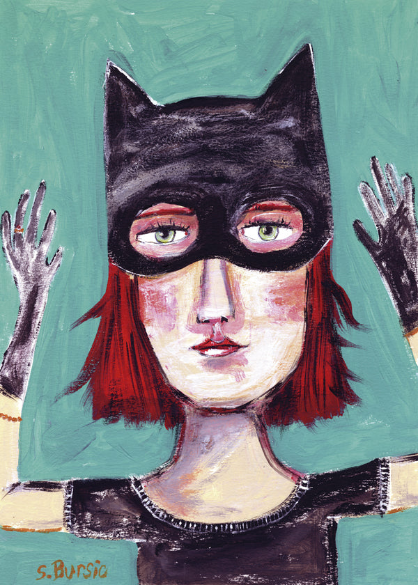Ilustrowany portret kobiety-kota z maską