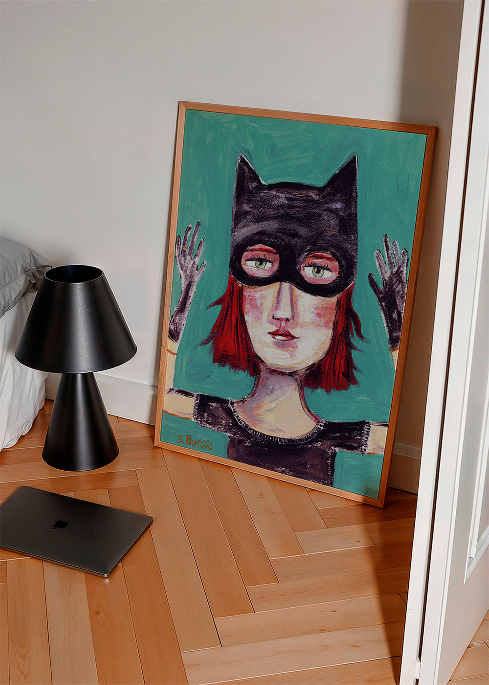 Ilustrowany portret kobiety-kota z maską
