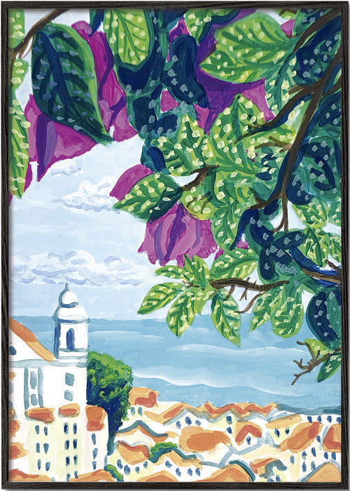 Plakat miasta Lizbona z bugenwillą i pomarańczowymi dachami