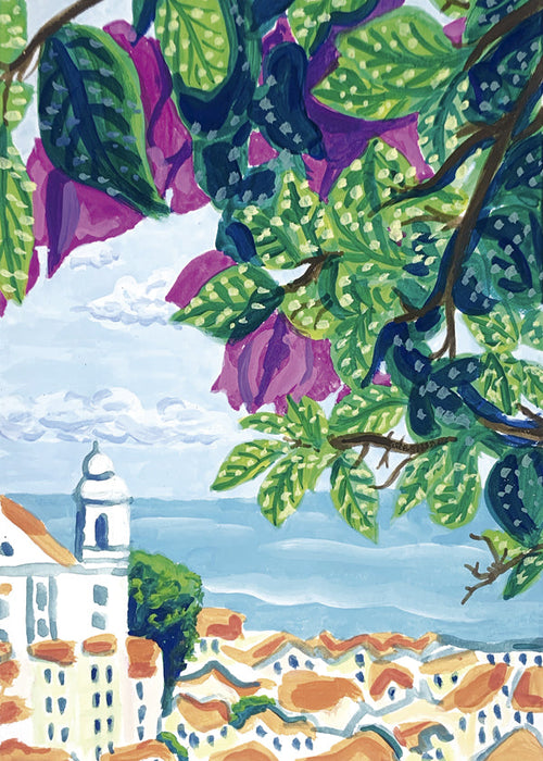 Plakat miasta Lizbona z bugenwillą i pomarańczowymi dachami