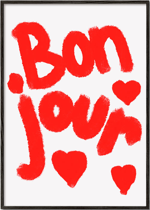 Ilustracja 'Bonjour' z czerwonymi sercami