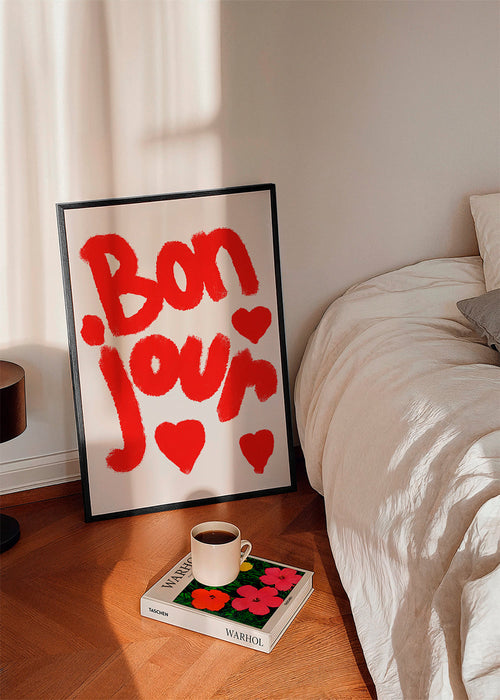 Ilustracja 'Bonjour' z czerwonymi sercami