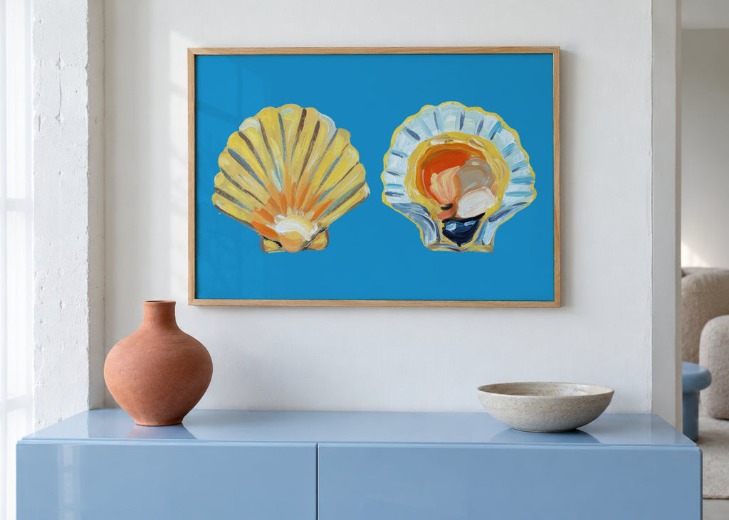 Scallops On Blue - Framed poster in an interior