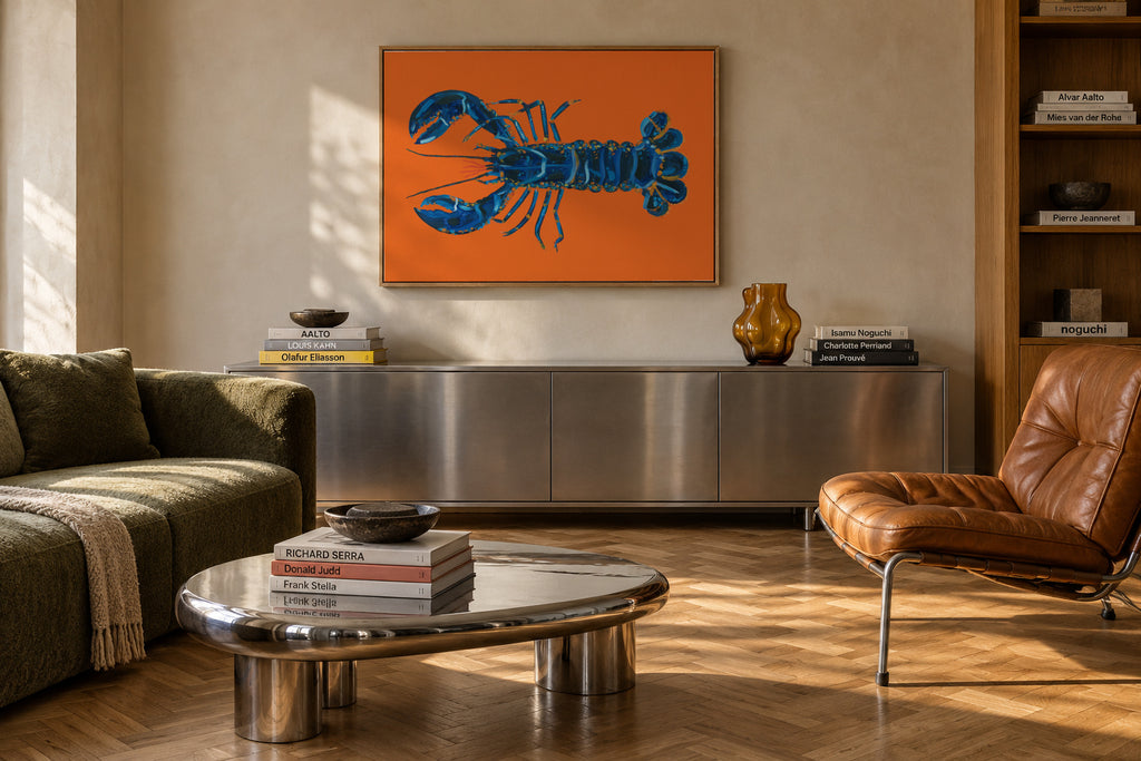 Lobster On Orange - Framed canvas in an interior