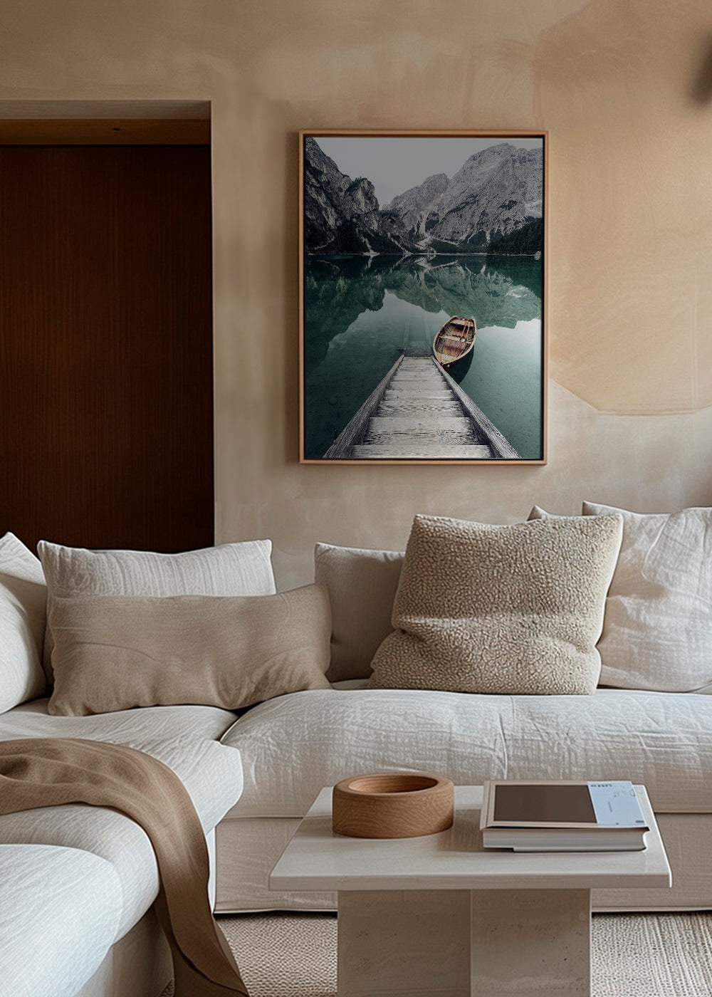 Obraz krajobrazowy z łodzią i odbiciem na jeziorze