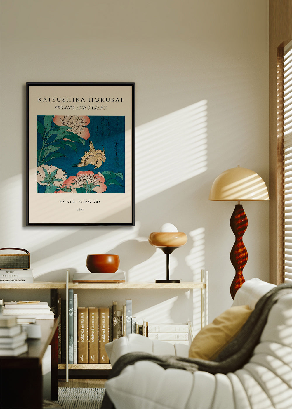 Plakat botaniczny: piwonie i kanarek