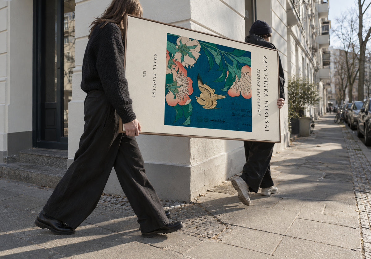 Peonies and Canary Exhibition - Katsushika Hokusai - Framed canvas in an interior