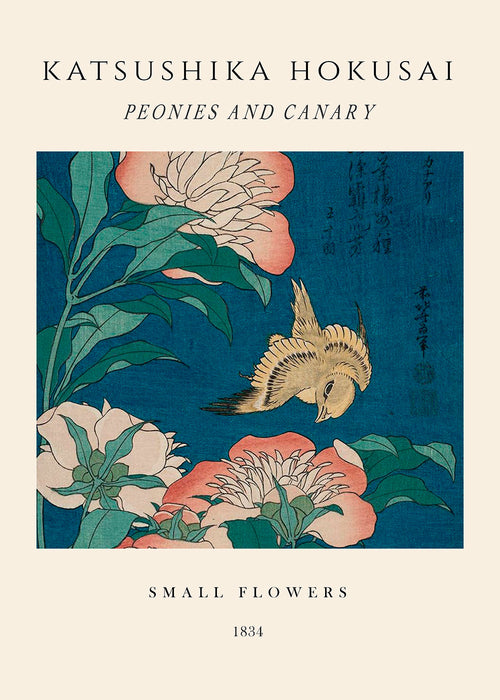Plakat botaniczny: piwonie i kanarek