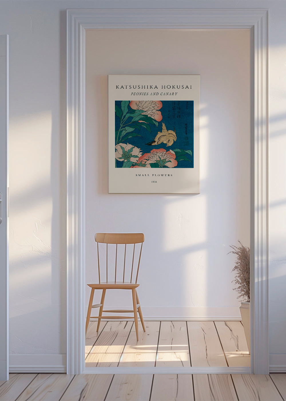 Plakat botaniczny: piwonie i kanarek