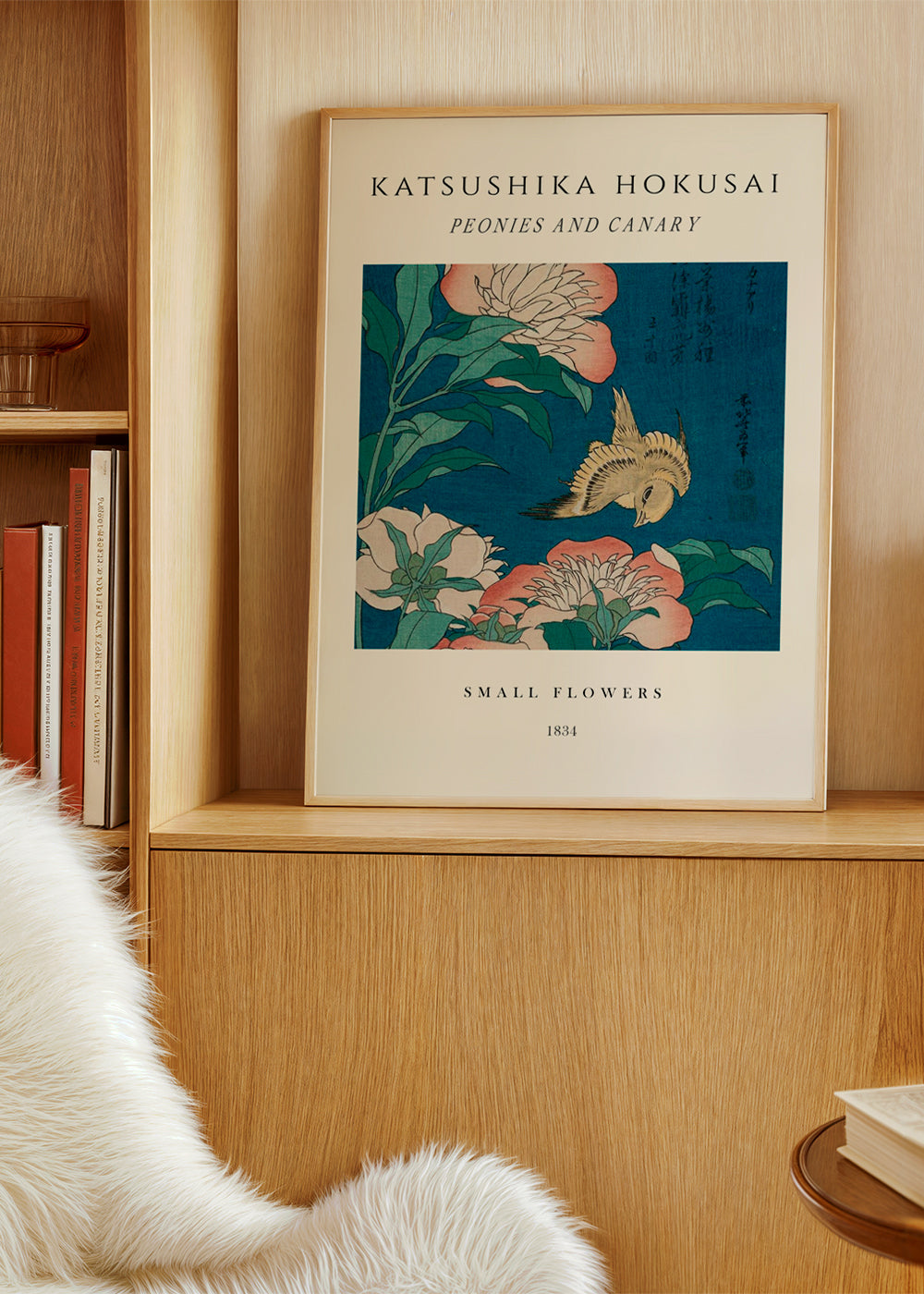Plakat botaniczny: piwonie i kanarek