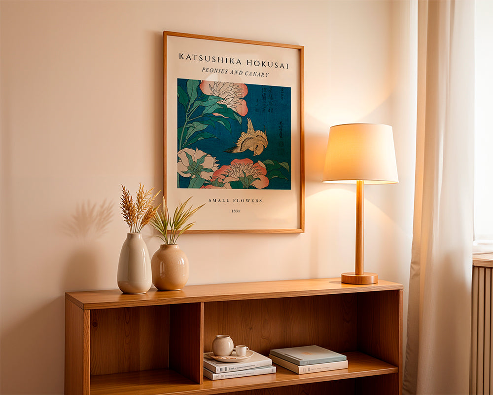 Plakat botaniczny: piwonie i kanarek