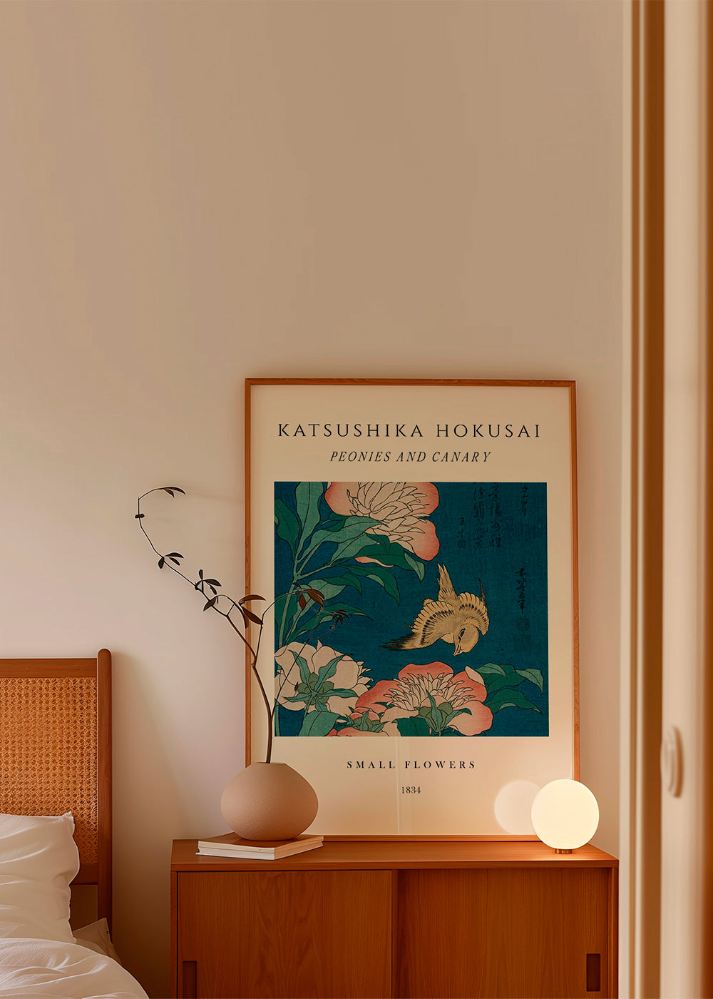 Plakat botaniczny: piwonie i kanarek