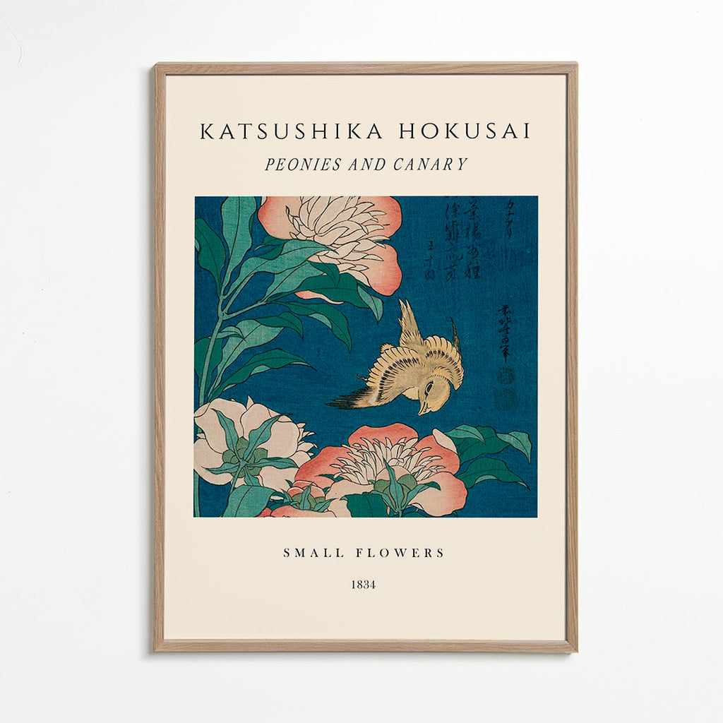 Plakat botaniczny: piwonie i kanarek