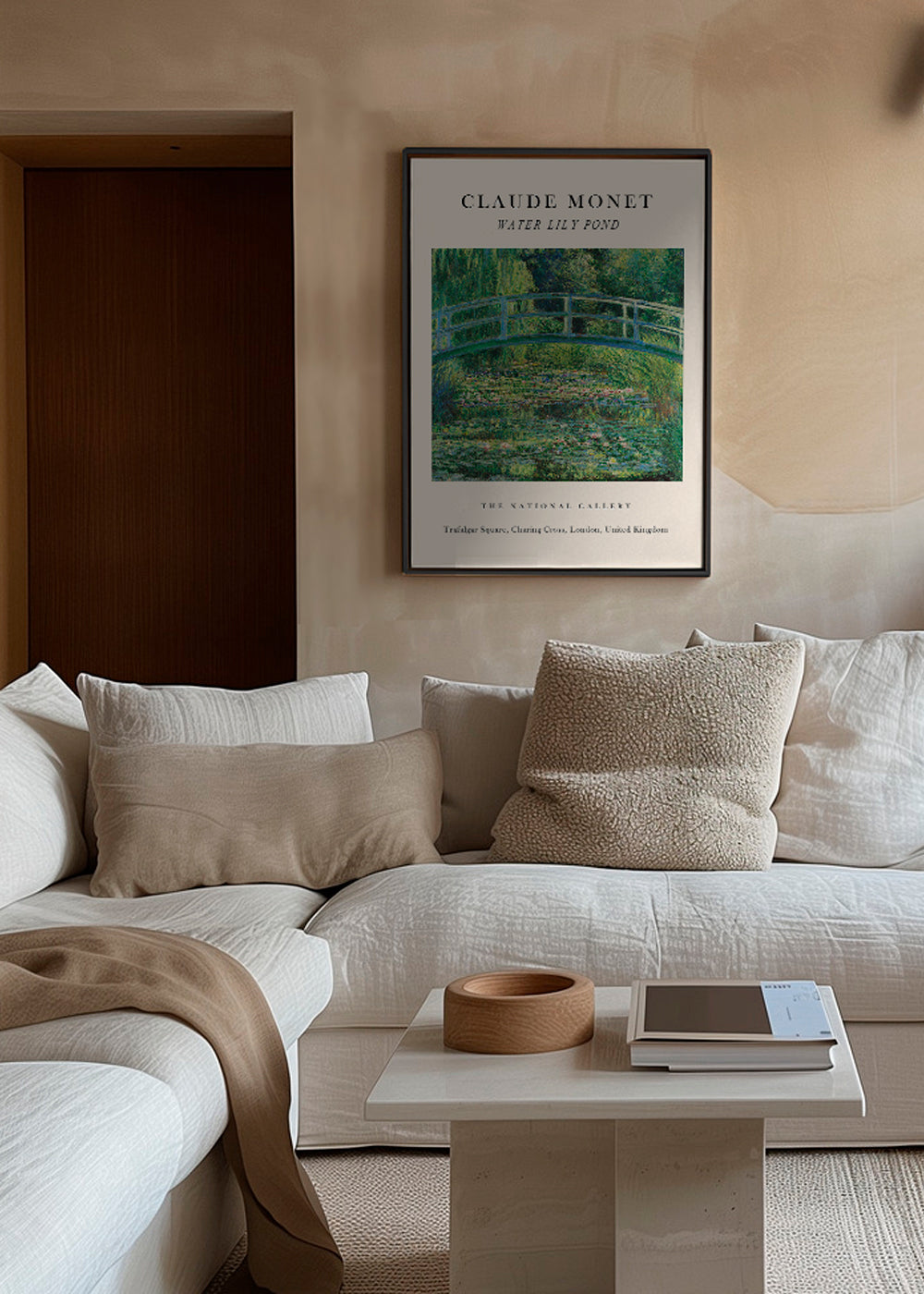 Plakat botaniczny: Staw z nenufarami i mostkiem