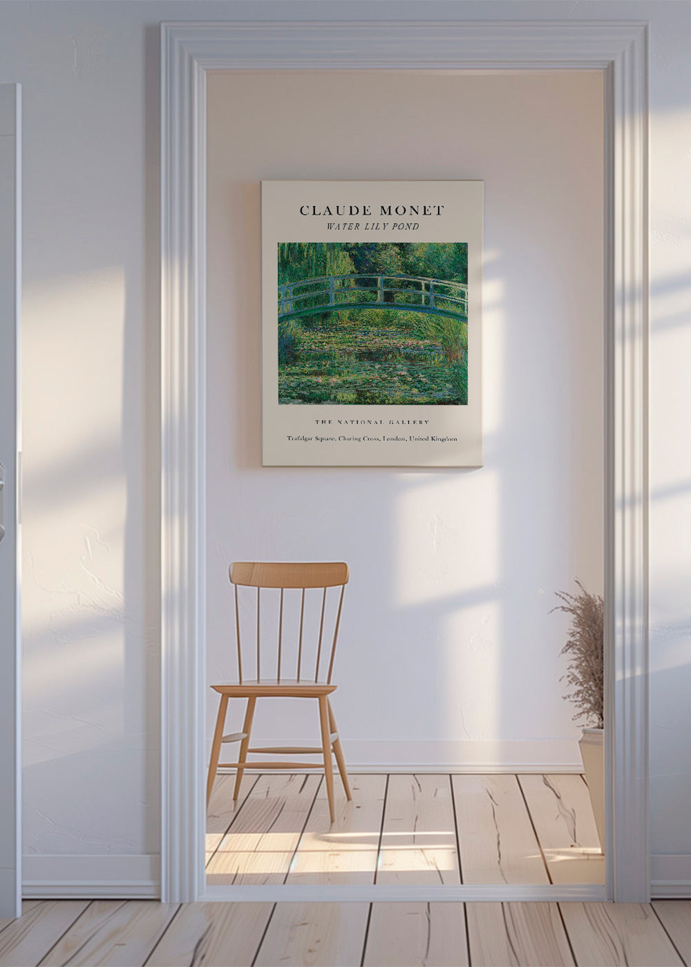 Plakat botaniczny: Staw z nenufarami i mostkiem