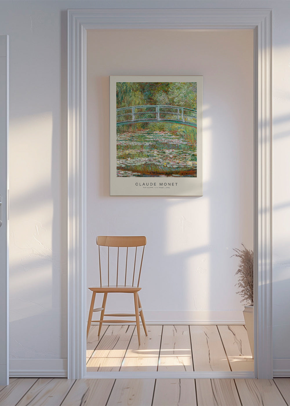 Plakat botaniczny lilie wodne i most Moneta